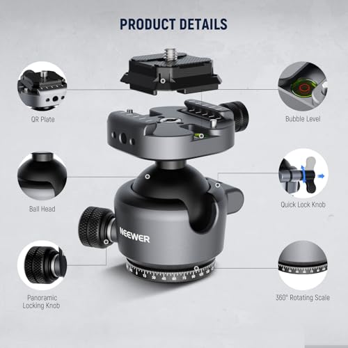NEEWER GM41 Low Profile Tripod Ball Head, 40mm Metal Panoramic Camera Mount Adapter with 1/4" Arca Type QR Plate Compatible with PD, 360° Swivel & 90° Tilt, Max Load 11lb