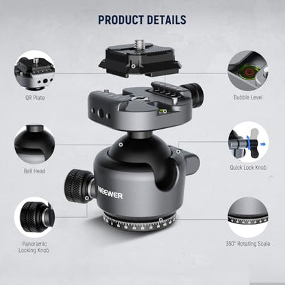 NEEWER GM41 Low Profile Tripod Ball Head, 40mm Metal Panoramic Camera Mount Adapter with 1/4" Arca Type QR Plate Compatible with PD, 360° Swivel & 90° Tilt, Max Load 11lb