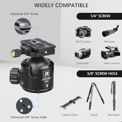 52mm Low Profile Ball Head Tripod Mount Ball Head ARTCISE All Metal CNC Machining with Two 1/4" Quick Release Plates for Tripod, Monopod, DSLR, Camcorder，Max Load 66lbs /30kg（All Black）