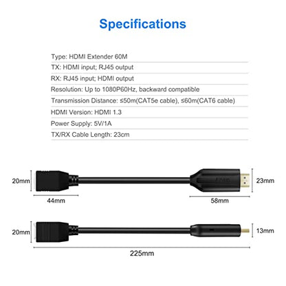Wiistar HDMI Extender Over Cat5e/6 HDMI to RJ45 Extender Ethernet Network Converter Cable Repeater 1080P up to 60m HD MI Transmitter and Receiver for HDTV STB