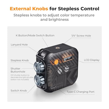 K&F CONCEPT 2000mAh RGB Video Light 21 Light Effects, 2500K-9900K, CRI 96+ | 360° Full Color Portable Light, Magnetic Rechargeable LED Panel Camera Light with 1/4" Screw Mount for Vlogging Selfie, Black - color: Black