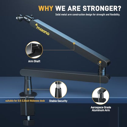 MAONO Microphone Boom Arm, Low Profile Mic Arm with Cable Management Channels, Desk Mount Clamp, Fully Adjustable, Heavy Duty Mic Stand for Podcast Studio Streaming (BA92 Black)