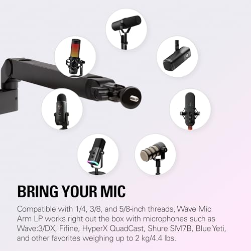Elgato Wave Mic Arm Low Profile Microphone Boom Arm | Sits below shoulder line, 360-degree rotation, Magnetic cable channels, All-metal build, Fully adjustable mount - style: Mic Arm LP