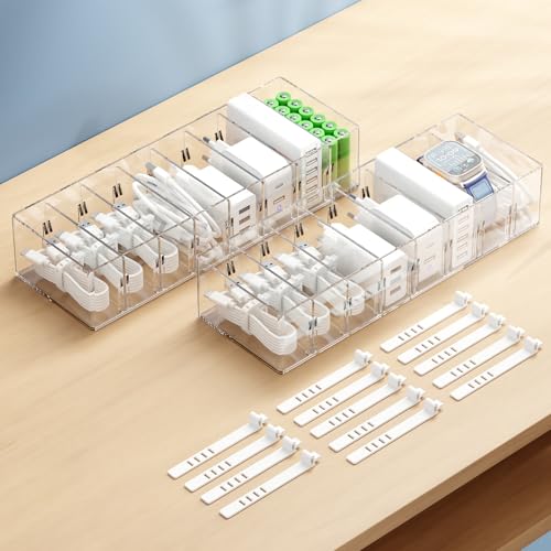 FRETONBA 2 Pack Cable Storage Organizer Box with 8 Compartments and 14 Wire Ties, Stackable Charger Organizer, Clear Cord organizer for Drawer, Adjustable Divider Cord Management Box - size: Small 2Pcs