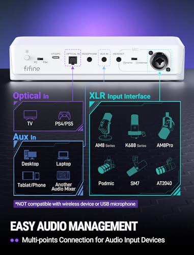 FIFINE Audio Mixer for Gaming with 7.1ch Surround Sound-Volume Knob-Mute-Voice Chat, RGB Computer Mixer with XLR Mic Interface Compatible wtih TV for Live Streaming-AmpliGame SC8W
