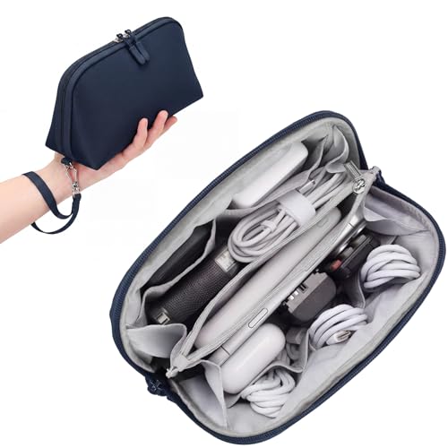 FYY Travel Cable Organizer - 8 Compartments, Lightweight, Water Repellent | With Wrist Strap, Portable Tech Pouch for Cord Charger, Travel and Business Trips Use, Soft Shell Nylon, Navy (Medium) - color: Navy, size: (M) 8.9"× 5.1"× 3.3"
