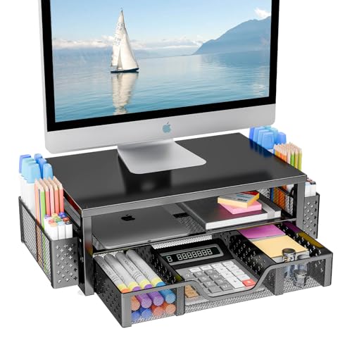 Simple Trending 2-Tier Monitor Stand Riser, Drawer & 2 Pen Holders, Black | Sturdy Material - size: 16"W x 10"D x 5.8"H