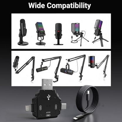 ZealSound USB Microphone Adapter – 3-in-1 Audio-Only Plug & Play Mic Adapter with USB-C, Lightning & USB for iPhone/Android/PC, Stable Signal for Streaming, Recording & Podcasting