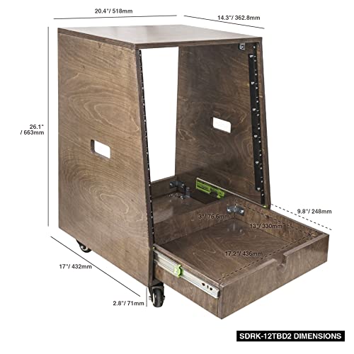 Sound Town 12U DIY Solid Baltic Birch Plywood Slanted Studio Rack with 12U Rack Space, Extra 2U Drawer, Rubber Feet, Casters, Weathered Brown (SDRK-12TBD2) - size: 12U, Weathered Brown, Slanted w/ Drawer