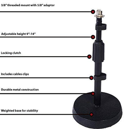 LyxPro Desktop Microphone Stand - 9"-14" Adjustable Height Desk Mic Holder - Weighted Cast Iron Base - 3/8"-5/8" Adapter Screw - Table Top with Non-Slip Rubber Feet - size: Desk Stand 1 Pack
