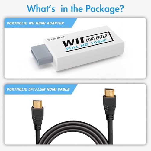 PORTHOLIC Wii to HDMI Converter 1080P with 5ft High Speed HDMI Cable Wii2 HDMI Adapter Output Video&Audio with 3.5mm Jack Audio, Support All Wii Display 720P, NTSC, Compatible with Full HD Devic