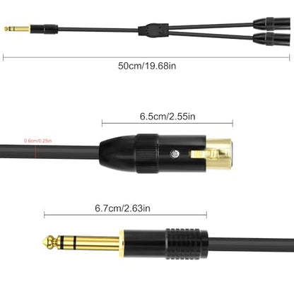XMSJSIY 1/4" 6.35mm TRS to Dual XLR Y Splitter Stereo Audio Cable 1/4 Inch TRS Male Plug to 2 XLR Female Microphone Patch Adapter Cable Cord for Speaker Mic Guitar Mixer AMP - 0.5M/1.6FT