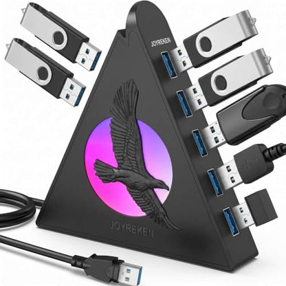 7 Port USB Hub, USB 3.0 Data Hub with 2 ft Long Cable,RGB Night Light,Multi Port Gaming Hub for PC, Laptop, Flash Drive, Keyboard, Mouse, Console, Xbox, PS4/PS5, iMac, Flash Drive, HDD - color: 6-Egale Black