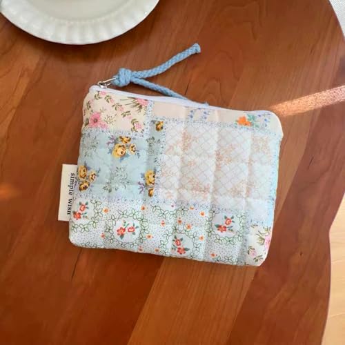 Cotton Quilted Floral Coin Purse Digital Camera Pouch with Cute Prints Zipper for Women Girls (BLUE DISTY PATCH) - color: BLUE DISTY PATCH
