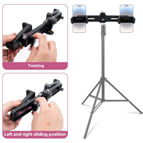 Dual Phone Holder Phone Tripod Mount Adapter, Universal 360° Rotation Adjustable Clip Stand for Vlog Live Streaming Video Recording, Compatible with 1/4'' Screws, Black - style: Dual Phone Holder