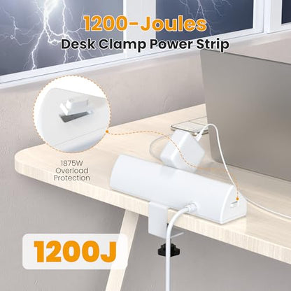 VILONG Desk Clamp Power Strip,65W Total Fast Charging Station,Desk Edge Mount Power Strip,8 USB Ports (4 USB C) & 5 AC Outlets,1200J Surge Protector (White, 6, Feet, Power Strip) - color: White