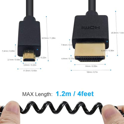 Duttek Micro HDMI to HDMI Coiled Cable 1FT-4FT, 4K@60Hz HDMI to Micro HDMI Adapter Cable Extreme Slim/Thin, 3D for Camera, DSLRs, Camcorders, Portable Screens, Raspberry Pi 5 4, GoPro Hero 7/6 - size: 4FT/1.2M