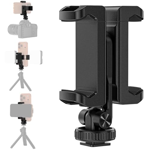 Tripod Phone Mount, Dual Phone Holder with 4 Cold Shoe and 1/4" Screw, 360° Rotates and 180° Tilts Adjustable Cold Shoe Mount for Phone, Camera, Stabilizers, Video, Live Streaming, Vlogging
