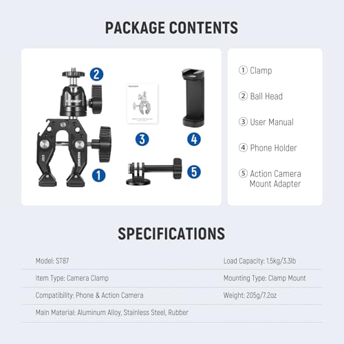 NEEWER ST87 Super Clamp Camera Mount with 360° Ball Head, Phone Holder, Cold Shoe, Action Camera Adapter for Bike Handlebar Pole Desk, Compatible with DJI Osmo Pocket 4 3 Xtra Muse GoPro Hero iPhone