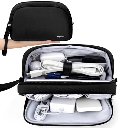 Skycase Travel Cable Organizer - Lightweight Water Resistant Dual-Layer Tech Pouch with Wrist Strap 11 Compartments Electronic Organizer Travel Case for Charger Cord Hard Drive,Large,Black - color: Black, style: L