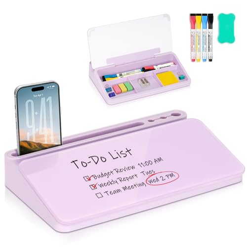 WALGLASS Small Desktop Whiteboard with Storage, Glass Desk Dry Erase White Board Computer Keyboard Stand with Drawer, Desk Organizers with Accessories for Office, Home, School Supplies Purple - color: Purple