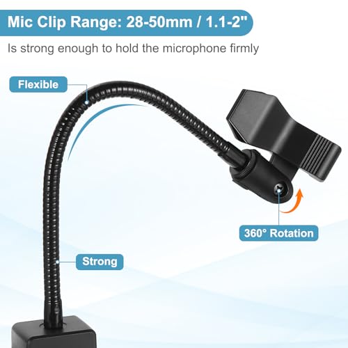 PATIKIL Gooseneck Desk Mic Stand, 12" Long Flexible Microphone Arm Stand with Mic Clip 28-40mm Range for Live Streaming Podcasting Radio Lectures Singing, Black (Style 6)
