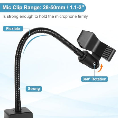 PATIKIL Gooseneck Desk Mic Stand, 12" Long Flexible Microphone Arm Stand with Mic Clip 28-40mm Range for Live Streaming Podcasting Radio Lectures Singing, Black (Style 6)