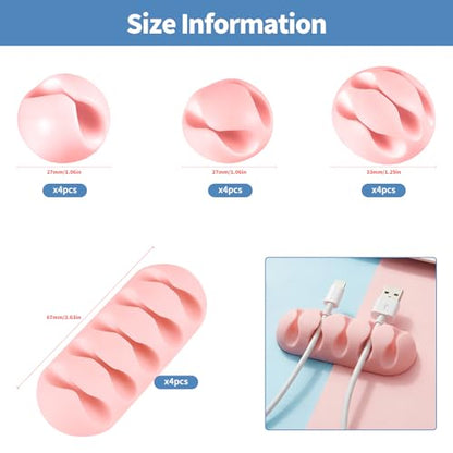 16Pcs Pink Silicone Cable Clips for iPhone Charger, USB, Computer Cables, Waltool Self-adhesive Desk Wire Management Cord Organizer Clips Keeper for Nightstand, Wall, Office, Home, Car
