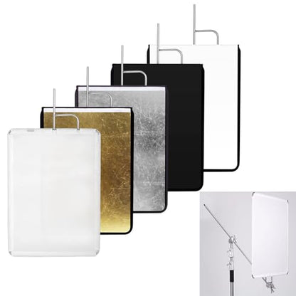 35"x47"/90x120cm Light Reflector Flag Panel Kit, 5-in-1 Diffusion Scrim Translucent/Gold/Silver/Black/White Lighting Diffuser, Stainless Steel Foldable Frame for Studio Portrait Photography