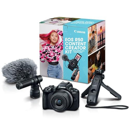 Canon EOS R50 Mirrorless Camera Content Creator Kit Including Body + 18-45mm is STM Lens + Microphone + Tripod Grip 5811C059 Bundle with Deco Gear Photography Bag + Tripod + Software & Accessories - color: Onyx