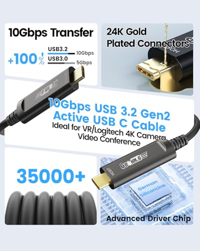 USB C Fiber Optic Cable 16.5FT, 10Gbps Active Optical USB 3.2 Gen2 Cable with German SiliconLine Chip, Long Distance for Machine Vision,Logitech 4K Camera,VR/AR,Video Conference,Industrial Equipment - size: 16.5FT