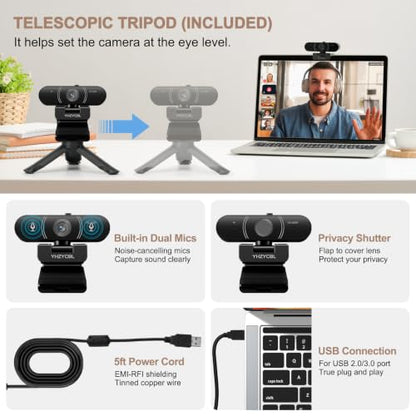 1080P Full HD Webcam, AF Auto Light Correction, Dual-Digit Microphone, Privacy Cover, Noise 360° Rotatable, Plug & Play USB Webcams