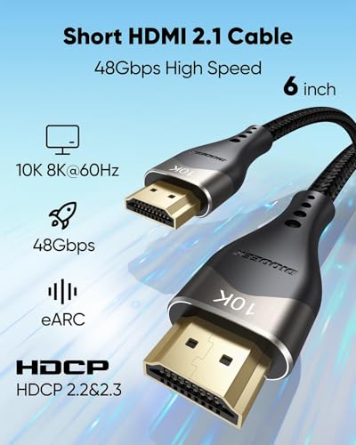 Short HDMI Cable 6 inch 2-Pack 10K 8K , HDMI 2.1 Cable 0.5FT 48Gbps Ultra High Speed Nylon Braided Cord with 8K@60Hz 4K@120Hz, eARC, HDR10+, DTS:X, 3D for HDTV/HDMI Switch/Laptop/Blu-Ray/Monitor/PS5 - size: 0.5FT