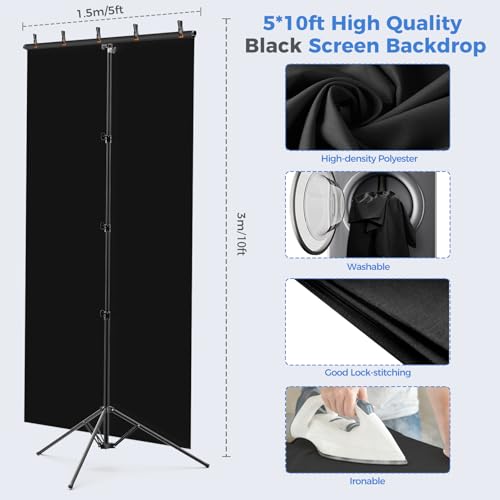 EMART Black Photo Backdrop with Stand Kit 10x5ft, Photography Black Background Screen with Portable T-Shape Support and 5 Clamps for Video Recording, Meetings, Self Tape - size: 5x10ft