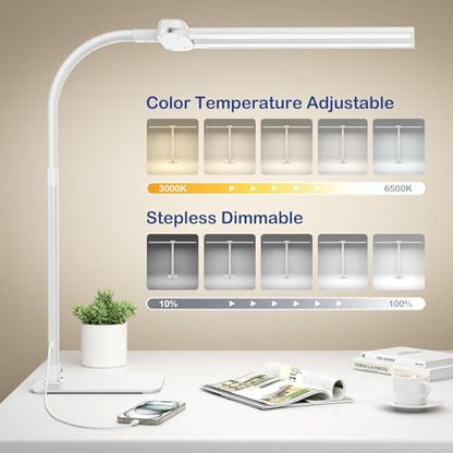 Desk Lamp with USB Charging Port for Home Office 24w Architect Remote Base Dual Task Led Light Modern 5 Color Modes Dimmable Adjustable Gooseneck Double Head Reading Drafting Eye Caring Tall Lamps - color: White