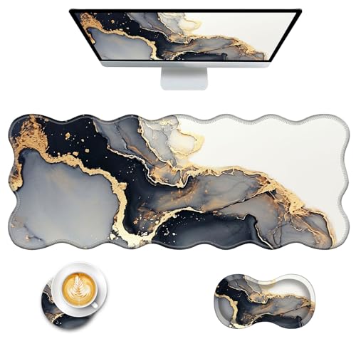 Mouse Pad with Wrist Support + Desk Mat + Coaster 3 in 1 Set, XL Large Gaming Mousepad Ergonomic Mouse Pads for Desk Computer Laptop Office,Black Gold Marble - color: Black Gold Marble, size: 3 Pcs-XL