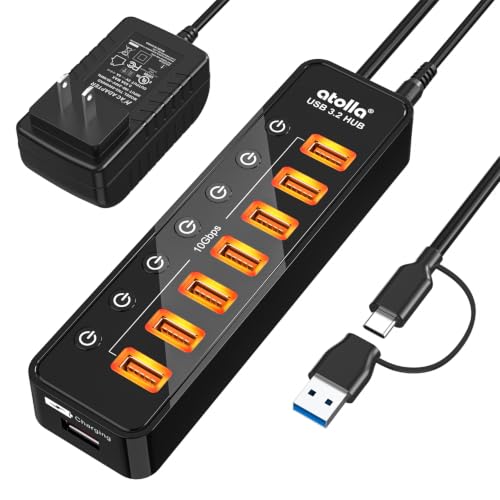 Powered USB Hub 3.2, atolla 8-Port USB 3.2/USB C Hub, Powered USB C Hub with 7 USB-A 10Gbps ports +1 Smart Charging port, Individual On/Off Switches, LEDs, 20W Power Adapter for PC/Laptop, Flash Drive - size: 8-Port USB 3.2 Hub