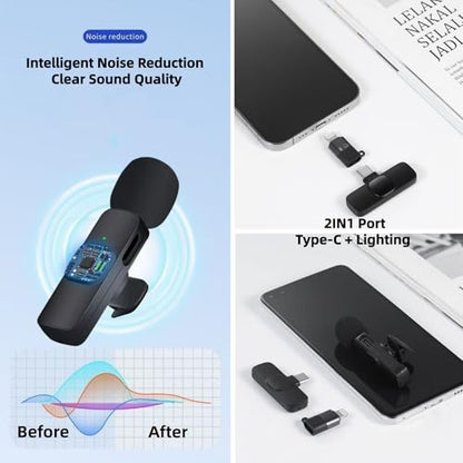 Wireless Mini Microphone, 2 Pack Wireless Lavalier Lapel Mic for Phones and Tablets, 2 in 1 Noise Reduction Lapel Mic for Video Recording Interview Podcast, Clip-on Mini Mic for Content Creators