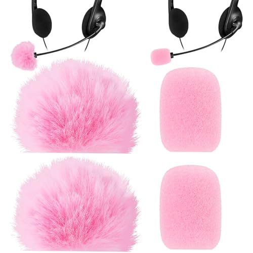 PAGOW 4 Pcs Mini Pink Foam Microphone Windscreens ＆ Furry Cover, High Density Mic Headset Cover, Lapel Microphone Windscreen for Lavalier Microphones Noise Reduction (2pcs Foam + 2pcs Furry) - color: Pink,Foam(2pcs),Furry(2pcs)