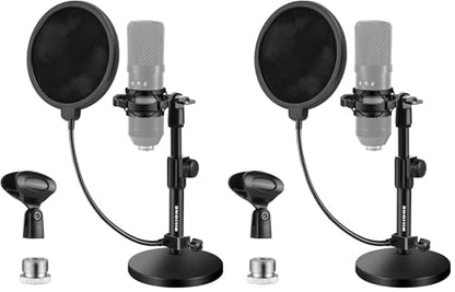 BILIONE Multifunctional Desktop Microphone Stand, Adjustable Mic Stand Desk with Pop Filter, Shock Mount, Microphone Clip, 5/8" to 3/8" Metal Screw Adapter (Pack of 2) - size: Round Base (Pack of 2)
