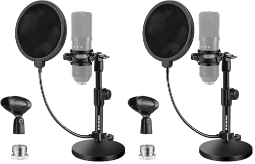 BILIONE Multifunctional Desktop Microphone Stand, Adjustable Mic Stand Desk with Pop Filter, Shock Mount, Microphone Clip, 5/8" to 3/8" Metal Screw Adapter (Pack of 2) - size: Round Base (Pack of 2)
