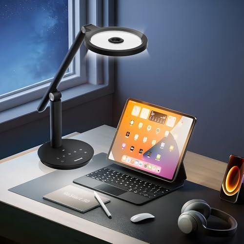 Honeywell Desk Lamp for Home Office, H6 Sunturalux™ Eye-Caring Led Desk Light, 800LM Dimmable Desk Lamp with Timer, Touch Control Tall Desk Reading Light, Table Lamp for Circle Webcam, Study, Bedroom - color: Black