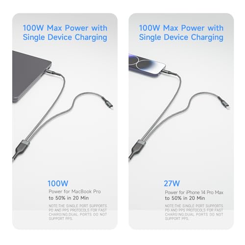 2 in 1 USB C to USB C and Lightning Cable 100W Max 4FT 1Pack,Multi Cable Simultaneous Fast Charging Compatible with MacBook Air/Pro/iPad/iPhone 17/16/15/14/13/12,Galaxy S26/S25/24/Pixel 10 and More - color: Grey, size: 4FT