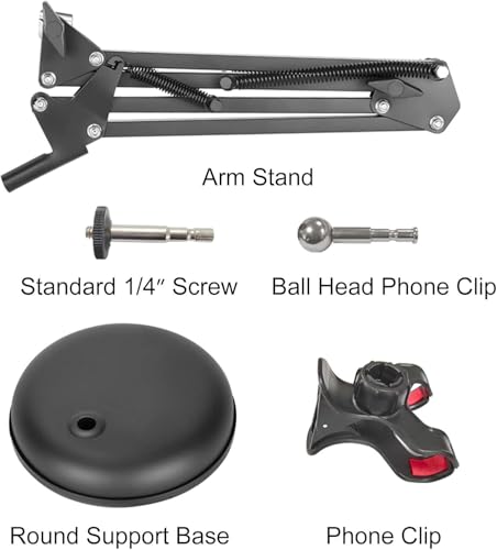 Spedal Desktop Webcam Stand with Weighted Round Base, Adjustable Scissor Arm Camera Mount with Phone Holder, 1/4" Thread MF920Pro, Smartphones, Overhead Recording & Live Streaming