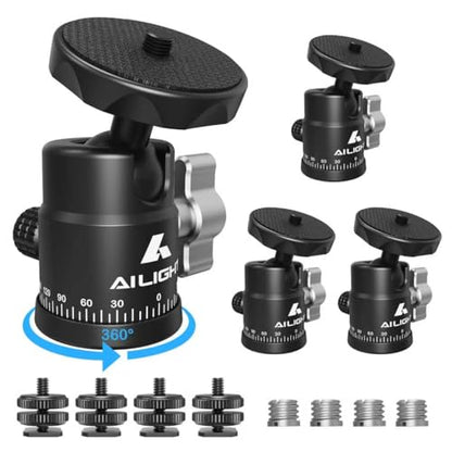 Ailight Mini Ball Head, 360° Panoramic Tripod Head, Universal 1/4" to 3/8" Screw Adapter Swivel Mini Ball Head Screw Tripod Mount, Dual Cold Shoe Mount for DSLR Cameras Camcorder（4 Pack - size: 4 pack