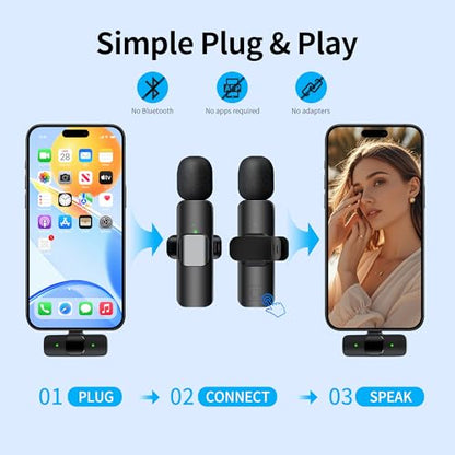 Wireless Microphone for iPhone iPad and Android Phone, 2 Pack Wireless Lavalier Lapel Mic with Noise Reduction, Plug and Play Mini Microphone for Video Recording Interview Podcast YouTube TikTok Vlog - size: 03_All iPhones & Androids (USB-C + Lightning)