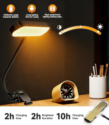 Jasput 2-in-1 LED Clip-On Book & Desk Lamp, Flexible Gooseneck, 3 Color Modes & Dimmable, Rechargeable Reading Light & Video Conference Light for Bed, Desk, Laptop, Study