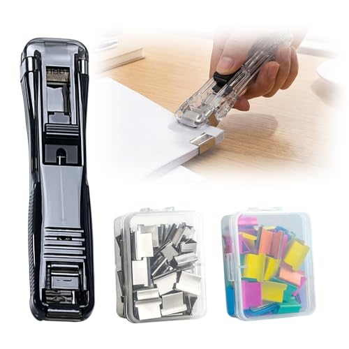 Portable Binder Clip Stapler, 2026 New Reusable Portable Paper Clam Clip Dispenser, 100 Metal Refill Clips (50 Silver + 50 Color) for Home, School, Desk Office (Black-1PCS) - color: Black-1pcs