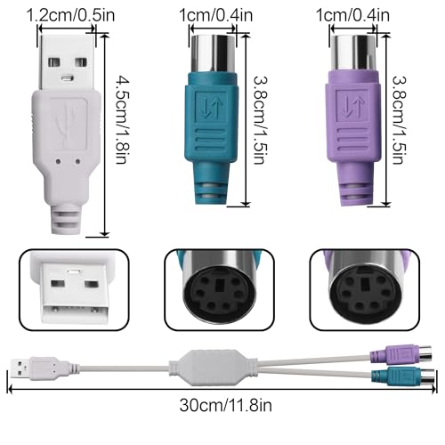 USB to PS2 Converter Cable, 2-in-1 USB A to PS/2 Adapter for Keyboard Mouse, Plug and Play Compatible with Industrial PC, Old Motherboard, KVM Switch, No Driver Required