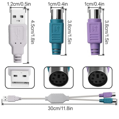USB to PS2 Converter Cable, 2-in-1 USB A to PS/2 Adapter for Keyboard Mouse, Plug and Play Compatible with Industrial PC, Old Motherboard, KVM Switch, No Driver Required